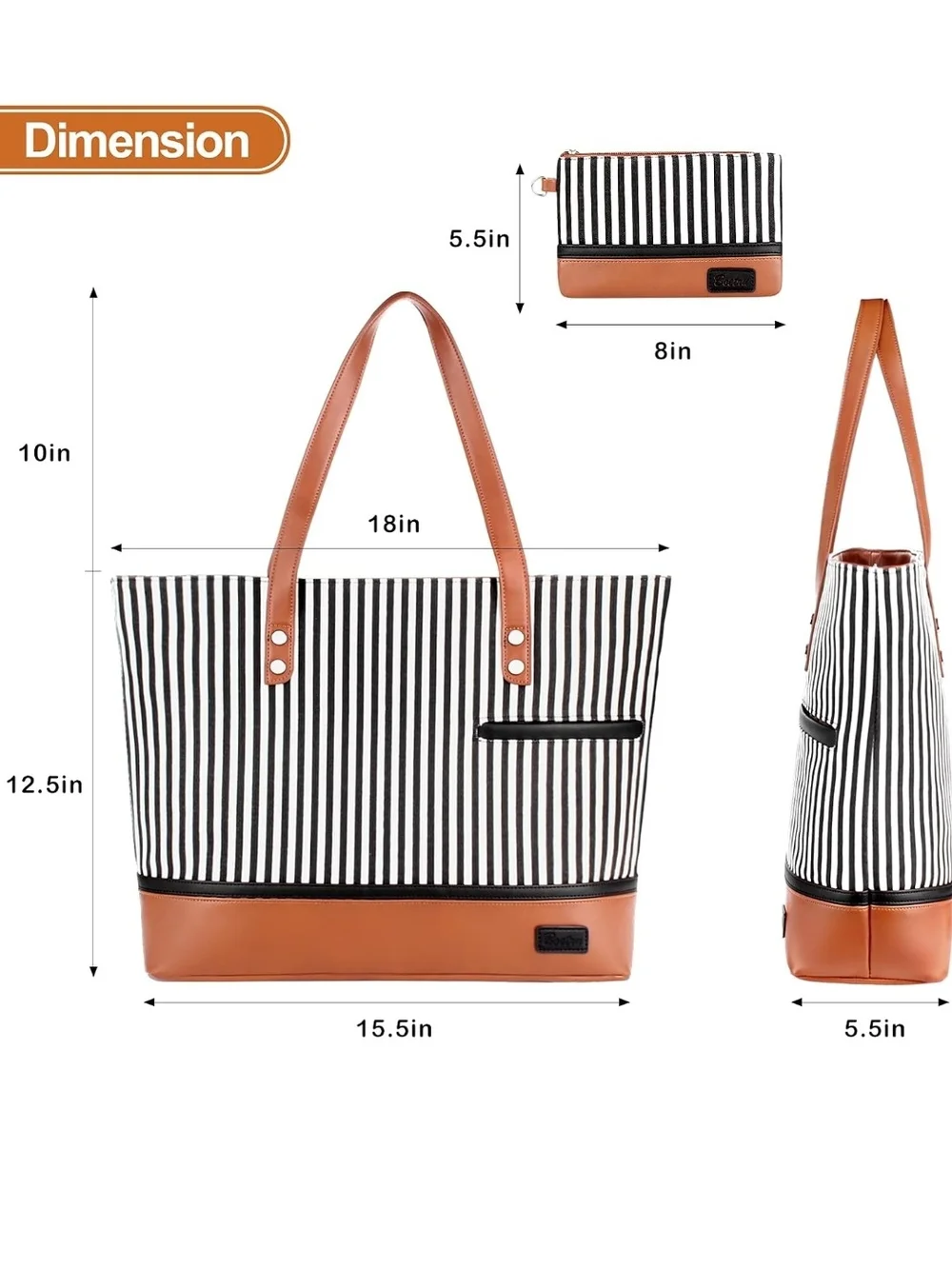 Striped Canvas Tote Bag with Pouch - Black & White with Tan Trim
